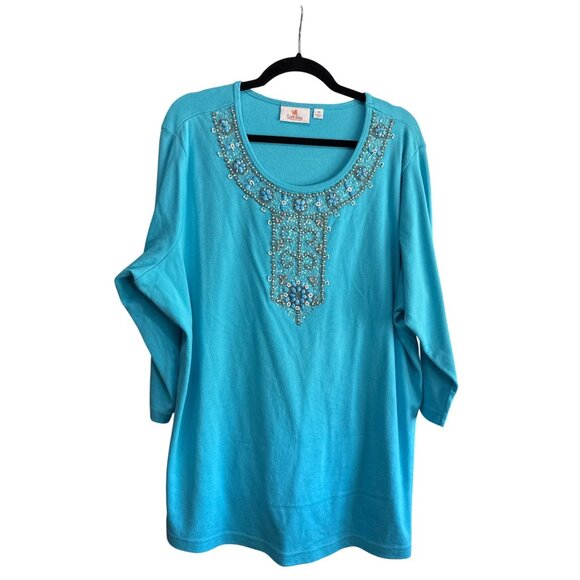 Quacker Factory Tops - Quacker Factory Womens 2X Turquoise Embellished Scoop Neck 3/4 Sleeve Top